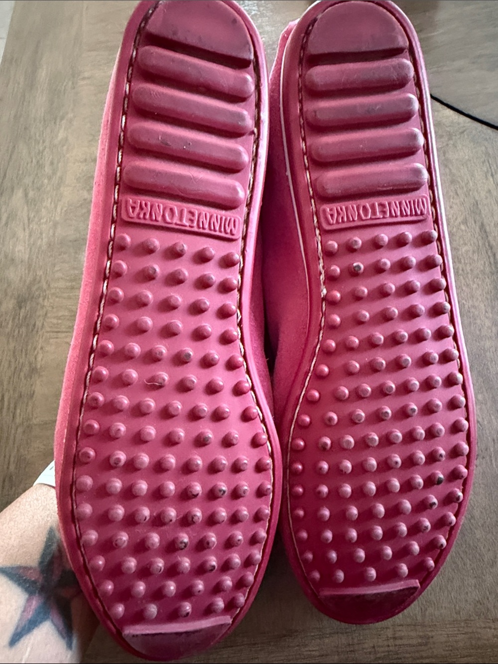 Minnetonka Pink Suede Moccasins with Yellow Insole - Picture 3 of 8